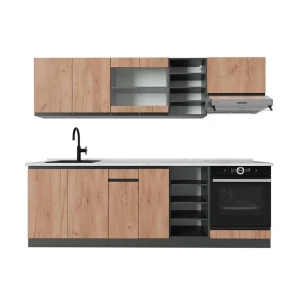 Küchenzeile R-Line Goldkraft Eiche/Anthrazit 240 cm  J-Shape, AP Marmor Vicco