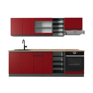 Küchenzeile R-Line Rot/Anthrazit 240 cm  J-Shape, AP Eiche Vicco