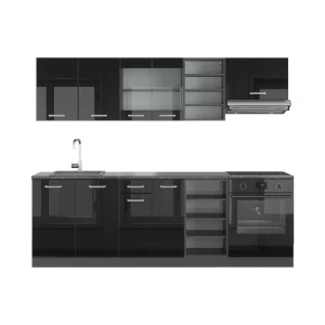 Zabudowa kuchenna R-Line Czarny/antracyt o wysokim połysku 240 cm , BP Antracyt Vicco