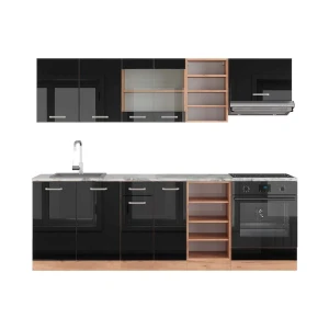 Küchenzeile R-Line Schwarz Hochglanz/Goldkraft Eiche 240 cm , AP Marmor livinity®