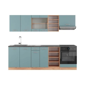 Küchenzeile R-Line Blau-Grau/Goldkraft Eiche 240 cm , AP Anthrazit livinity®