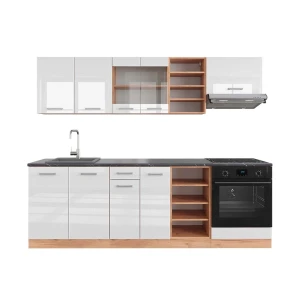 Küchenzeile R-Line Weiß Hochglanz/Goldkraft Eiche 240 cm , AP Anthrazit Vicco