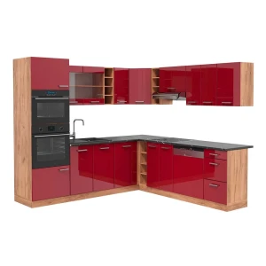 Kuchnia narożna R-Line Czerwony połysk/Dąb goldkraft 247 x 237 cm, BP Antracyt Vicco