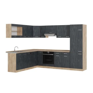 Eckküche R-Line Schwarz Beton/Goldkraft Eiche 287 x 227 cm ohne Arbeitsplatte Vicco