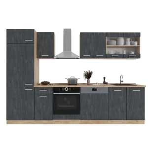 Küchenzeile R-Line Schwarz Beton/Goldkraft Eiche 300 cm ohne Arbeitsplatte Vicco