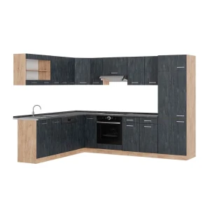 Cucina angolare completa R-Line Calce nera/Rovere dorato 287 x 227 cm PL Antracite Vicco