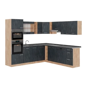 Eckküche R-Line Schwarz Beton/Goldkraft Eiche 247 x 237 cm AP Anthrazit Vicco