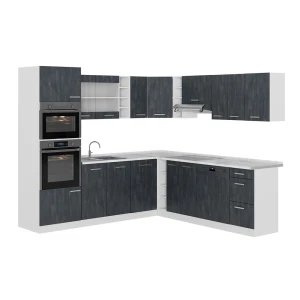 Cozinha de canto R-Line Concreto preto/Branco 247 x 237 cm Mármore AP Vicco