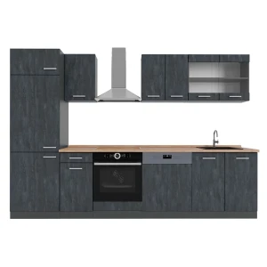 Küchenzeile R-Line Schwarz Beton/Anthrazit 300 cm AP Eiche Vicco