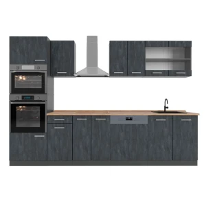 Küchenzeile R-Line Schwarz Beton/Anthrazit 300 cm AP Eiche Vicco