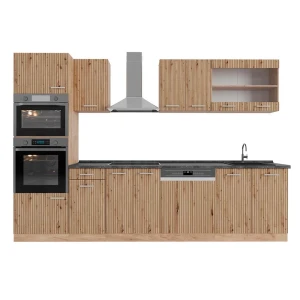 Küchenzeile R-Line Artisan-Eiche/Goldkraft Eiche 300 cm mit Hochschrank, AP Anthrazit Vicco