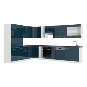 Cozinha de canto Fame-Line Azul escuro alto brilho/Branco 347 x 257 cm, AP Antracite Vicco