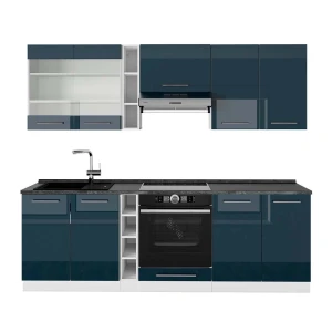 Mobile da cucina Fame-Line Blu scuro lucido/bianco 235 cm, Piano di lavoro Antracite Vicco