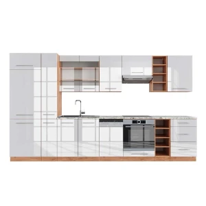 Kitchenette Fame-Line Branco alto brilho/carvalho Goldkraft 355 cm , Mármore AP Vicco