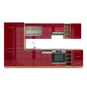 Küchenzeile Fame-Line Bordeaux Hochglanz/Goldkraft Eiche 355 cm , AP Eiche Vicco