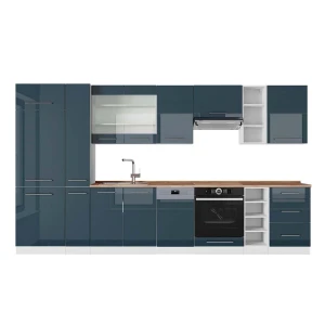 Cucina componibile Fame-Line Blu scuro lucido/bianco 355 cm, Piano di lavoro Rovere Vicco