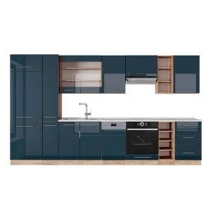 Kitchenette Fame-Line Azul escuro alto brilho/carvalho Goldkraft 355 cm , Mármore AP Vicco