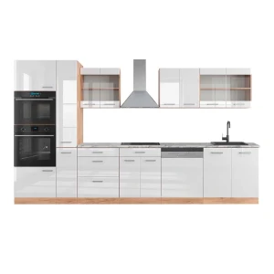 Küchenzeile R-Line Weiß Hochglanz/Goldkraft Eiche 350 cm mit Hochschrank, AP Marmor Vicco