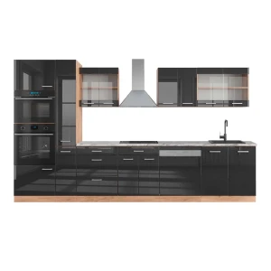 Küchenzeile R-Line Anthrazit Hochglanz/Goldkraft Eiche 350 cm mit Hochschrank, AP Marmor Vicco
