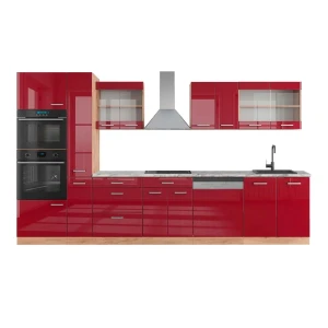 Küchenzeile R-Line Rot Hochglanz/Goldkraft Eiche 350 cm mit Hochschrank, AP Marmor Vicco