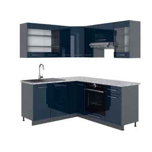 Eckküche Fame-Line Azul escuro alto brilho/antracite 190 x 160 cm, Mármore AP Vicco