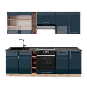 Küchenzeile Fame-Line Dunkelblau Hochglanz/Goldkraft Eiche 235 cm , AP Anthrazit Vicco