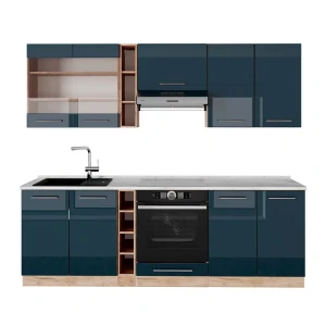 Kitchenette Fame-Line Azul escuro alto brilho/carvalho Goldkraft 235 cm , Mármore AP Vicco