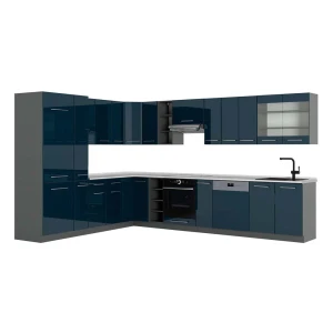 Cozinha de canto Fame-Line Azul escuro alto brilho/antracite 347 x 257 cm, Mármore AP Vicco