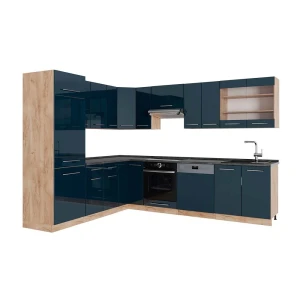 Cozinha de canto Fame-Line Azul escuro alto brilho/Carvalho dourado 287 x 227 cm, AP Antracite Vicco