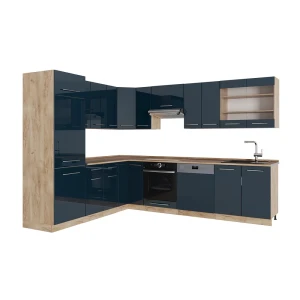 Eckküche Fame-Line Dunkelblau Hochglanz/Goldkraft Eiche 287 x 227 cm, AP Eiche Vicco
