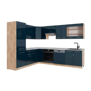 Eckküche Fame-Line Dunkelblau Hochglanz/Goldkraft Eiche 287 x 227 cm, AP Marmor Vicco