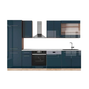 Kitchenette Fame-Line Azul escuro alto brilho/carvalho Goldkraft 300 cm , Mármore AP Vicco