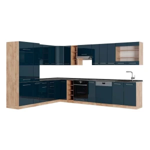 Einbauküche Fame-Line Dunkelblau Hochglanz/Goldkraft Eiche 347 x 257 cm, AP Anthrazit Vicco
