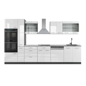 Küchenzeile R-Line Weiß Hochglanz/Anthrazit 350 cm mit Hochschrank, AP Marmor Vicco