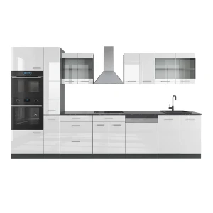 Küchenzeile R-Line Weiß Hochglanz/Anthrazit 350 cm mit Hochschrank Vicco