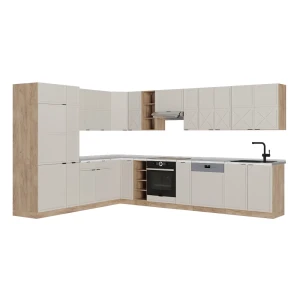 Cucina angolare completa Fame-Line GrigioBeige/Rovere dorato 347 x 257 cm, PL Marmo Vicco