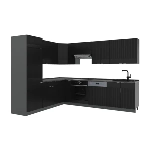 Eckküche Fame-Line Schwarz gestreift/Anthrazit 287 x 227 cm, AP Marmor Vicco