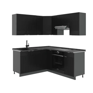 Winkelküche Fame-Line Schwarz gestreift/Anthrazit 190 x 160 cm ohne Arbeitsplatte Vicco