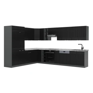 Eckküche Fame-Line Schwarz gestreift/Anthrazit 347 x 257 cm ohne Arbeitsplatte Vicco