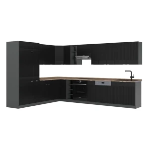 Eckküche Fame-Line Schwarz gestreift/Anthrazit 347 x 257 cm, AP Eiche Vicco