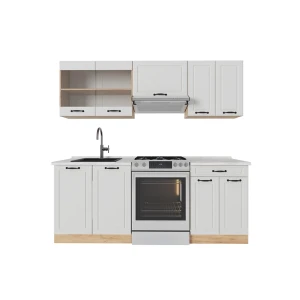Küchenzeile R-Line Weiß Landhaus/Goldkraft Eiche 200 cm , AP Marmor Vicco
