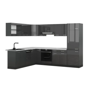 Eckküche R-Line Anthrazit Hochglanz/Anthrazit 287 x 227 cm, AP Marmor Vicco