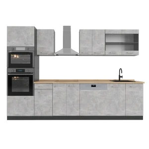 Cucina componibile R-Line Calcestruzzo/antracite 300 cm con armadio alto, senza piano di lavoro Vicco