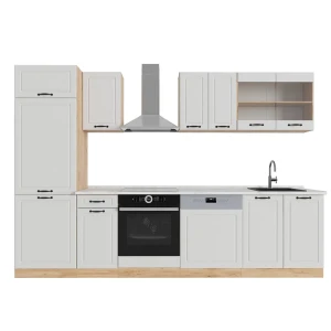 Küchenzeile R-Line Weiß Landhaus/Goldkraft Eiche 300 cm , AP Marmor Vicco