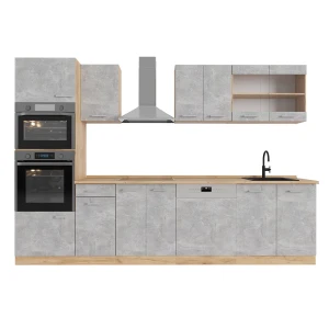Küchenzeile R-Line Beton/Goldkraft Eiche 300 cm mit Hochschrank, ohne Arbeitsplatte Vicco