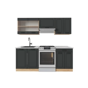 Küchenzeile R-Line Anthrazit Landhaus/Goldkraft Eiche 200 cm , AP Marmor Vicco