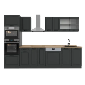 Cucina componibile R-Line Casa di campagna antracite/antracite 300 cm con armadio alto, Piano di lavoro Rovere Vicco