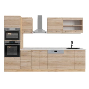 Küchenzeile R-Line Sonoma/Goldkraft Eiche 300 cm mit Hochschrank, AP Marmor Vicco