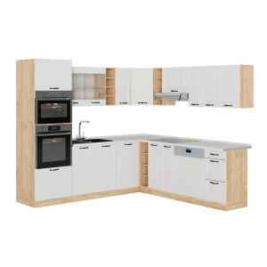 Cucina angolare completa R-Line Bianco rustico/Rovere dorato 247 x 237 cm, PL Marmo Vicco