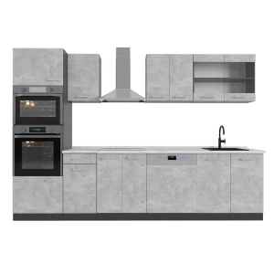 Complete keukeneenheid R-Line Beton/antraciet 300 cm met hoge kast, WB Marmer Vicco